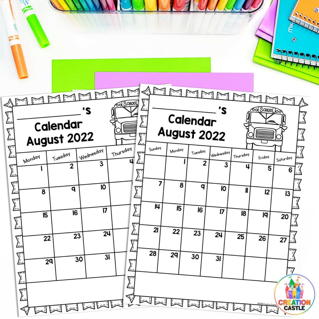 behavior calendars no weekends